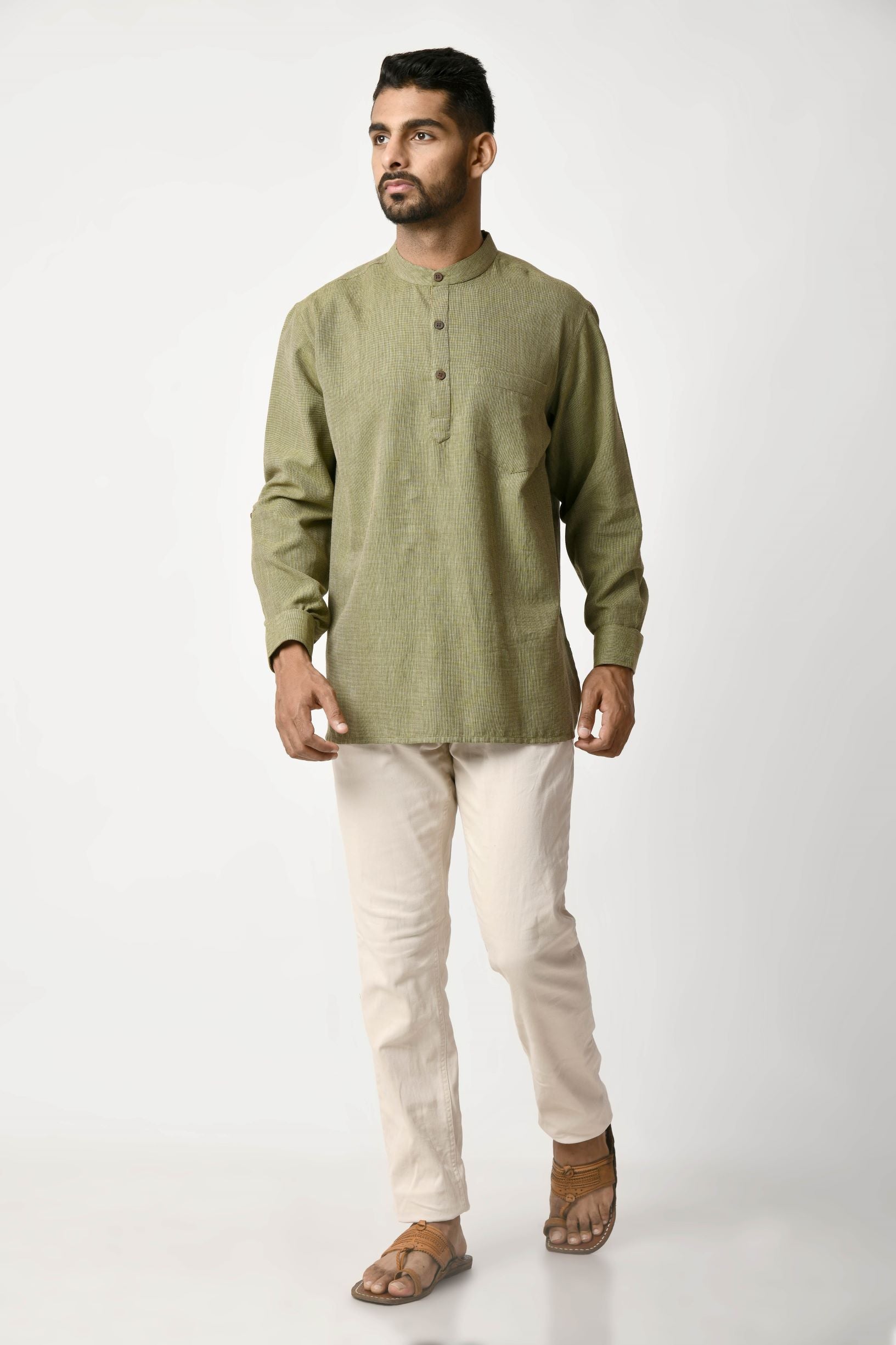 Hirav Green Handwoven Dobby Stripe Cotton Short Kurta