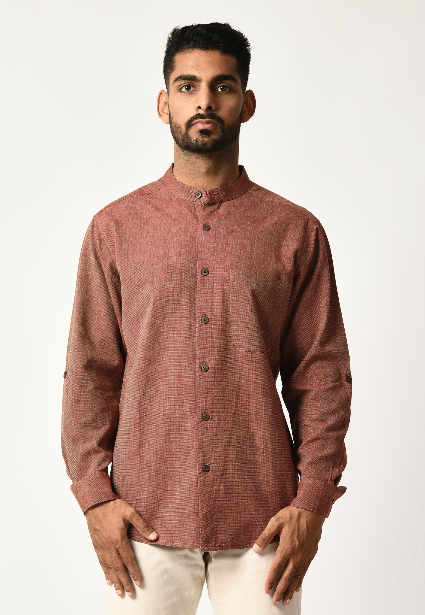 Hirav Maroon Handwoven Dobby Stripe Cotton Full Sleeve Shirt