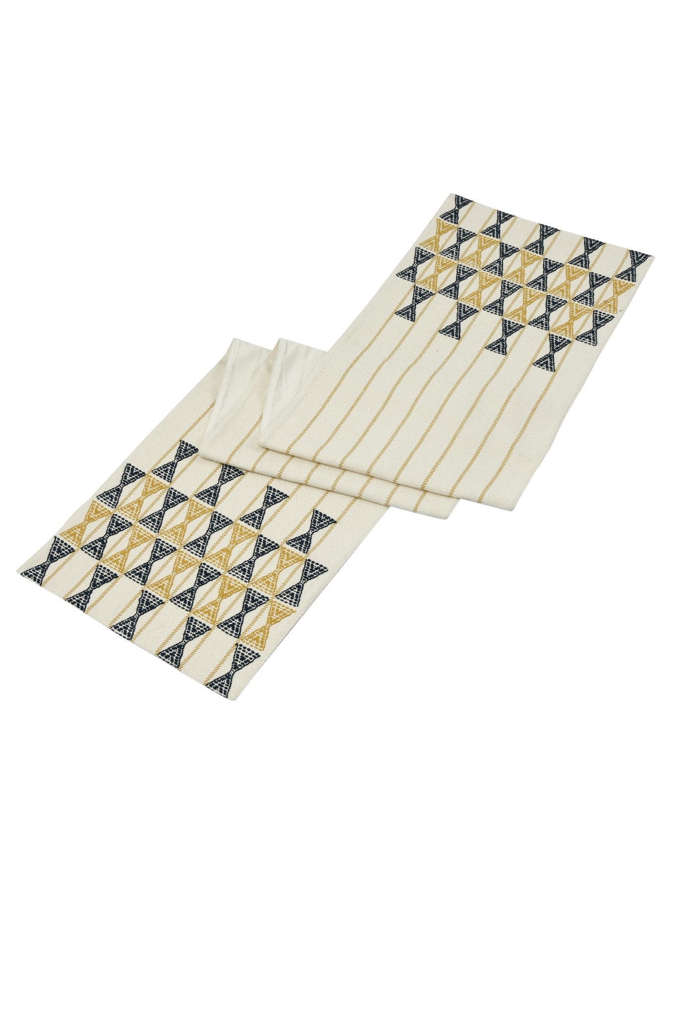 Extra weft table runner in neutral, mustard and navy