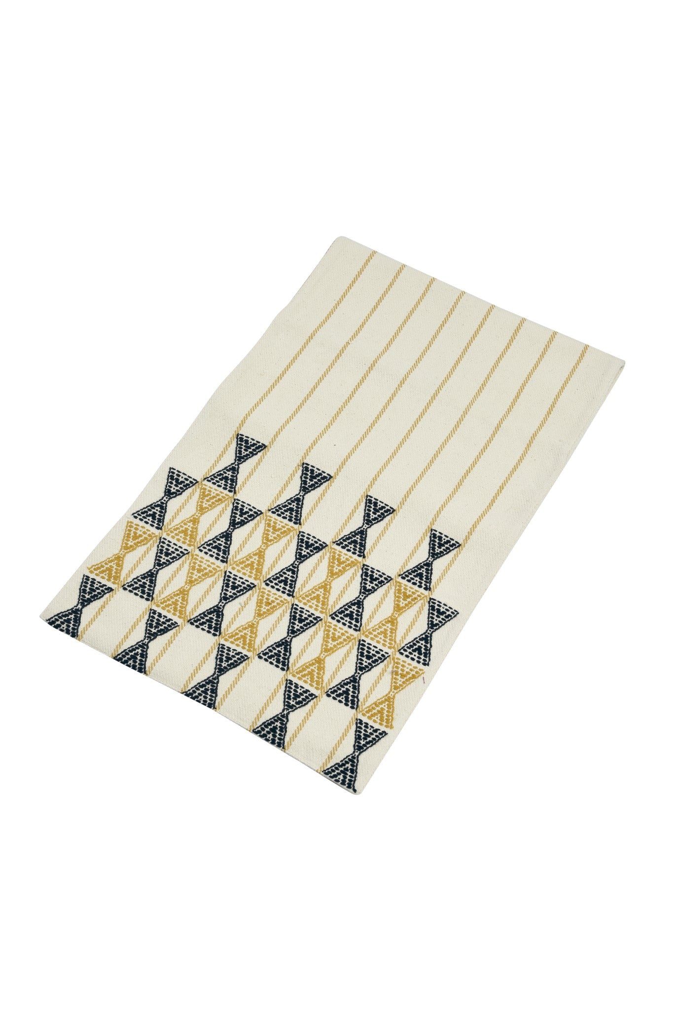 Extra weft table mat in neutral, mustard and navy