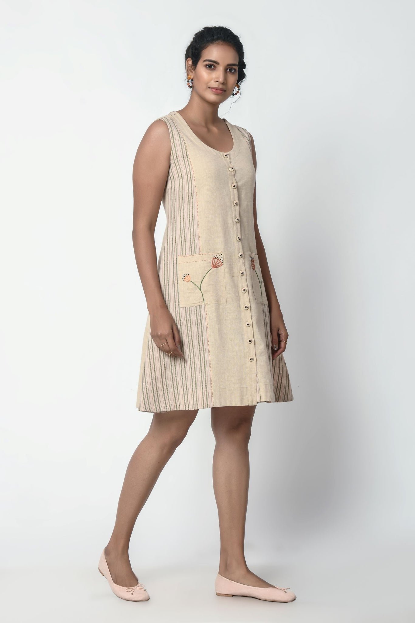 Rohida Beige and Dobby Stripe Panel Front Placket Dress