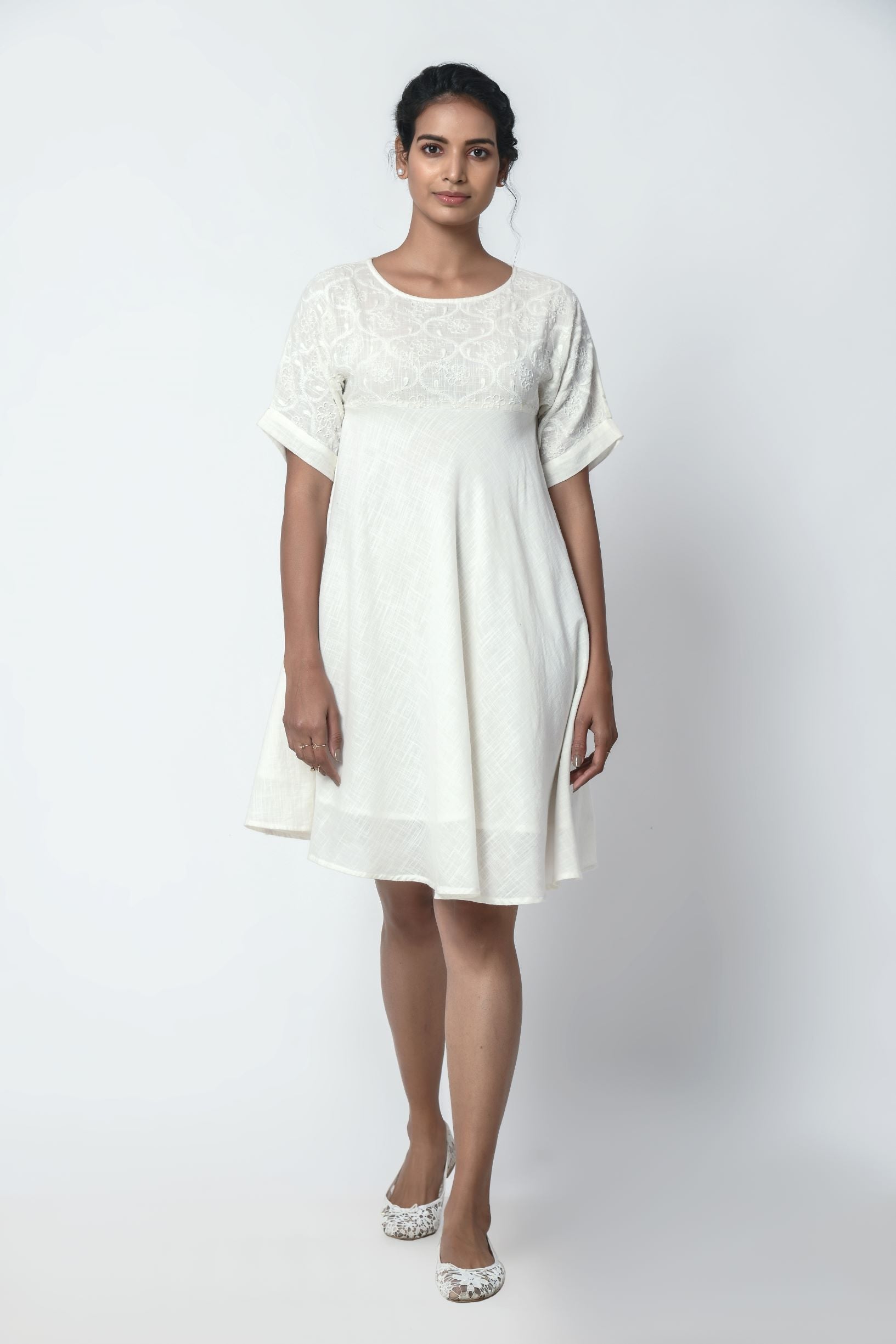 Phagun Ivory White Kimono Sleeve Dress