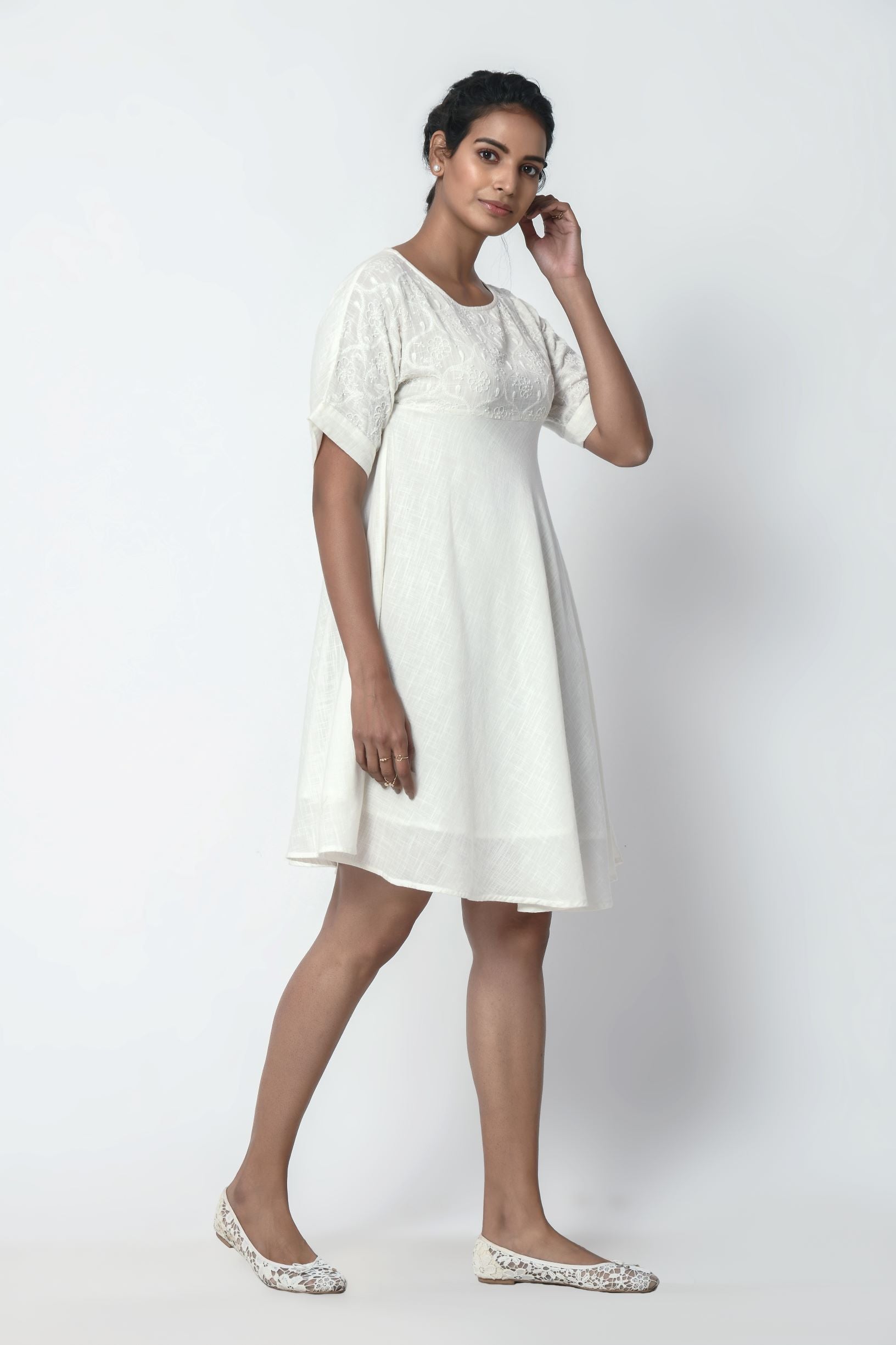 Phagun Ivory White Kimono Sleeve Dress