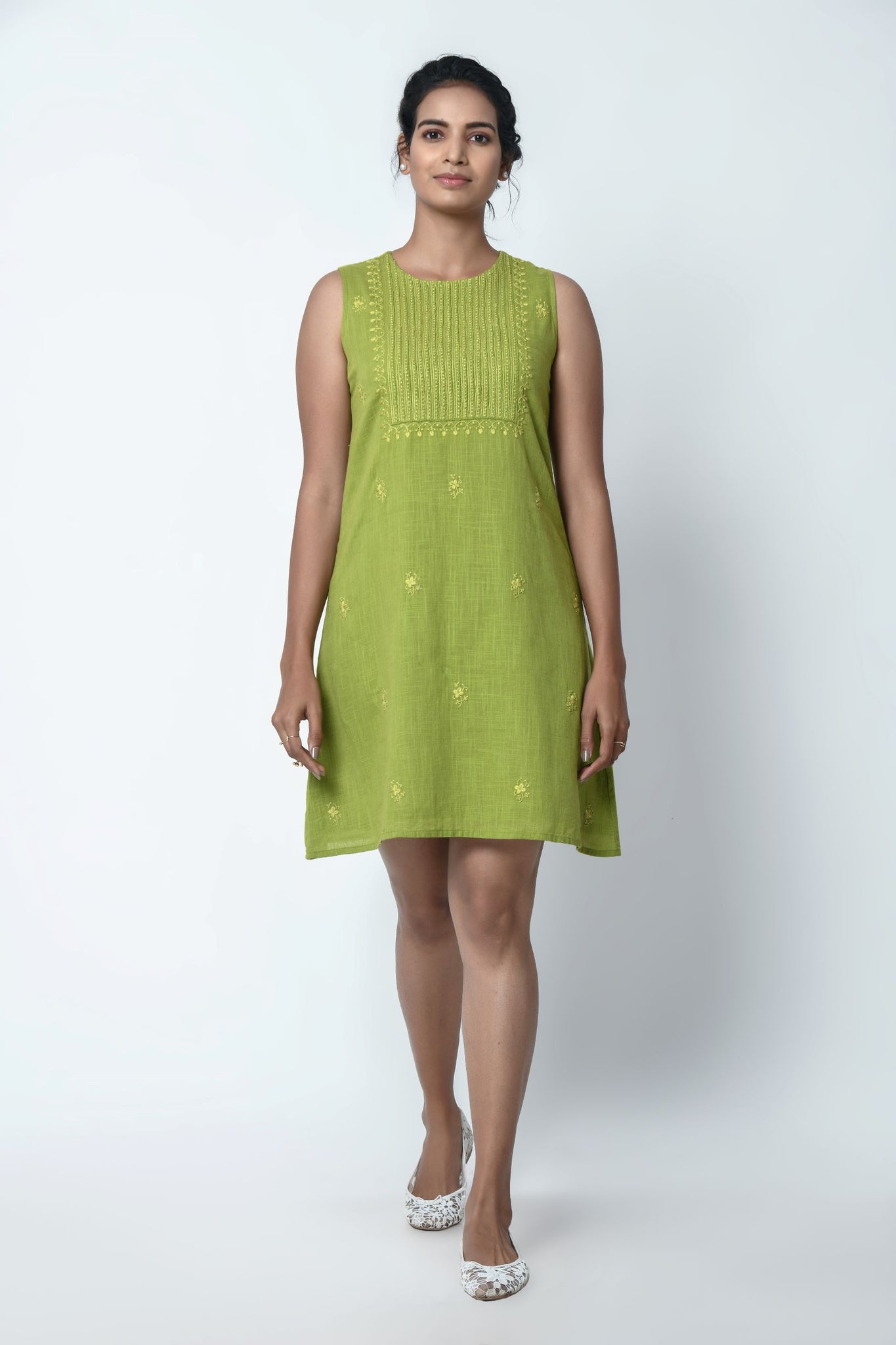 Phagun Mint Green Sleeveless Dress With Chikankari Embroidery