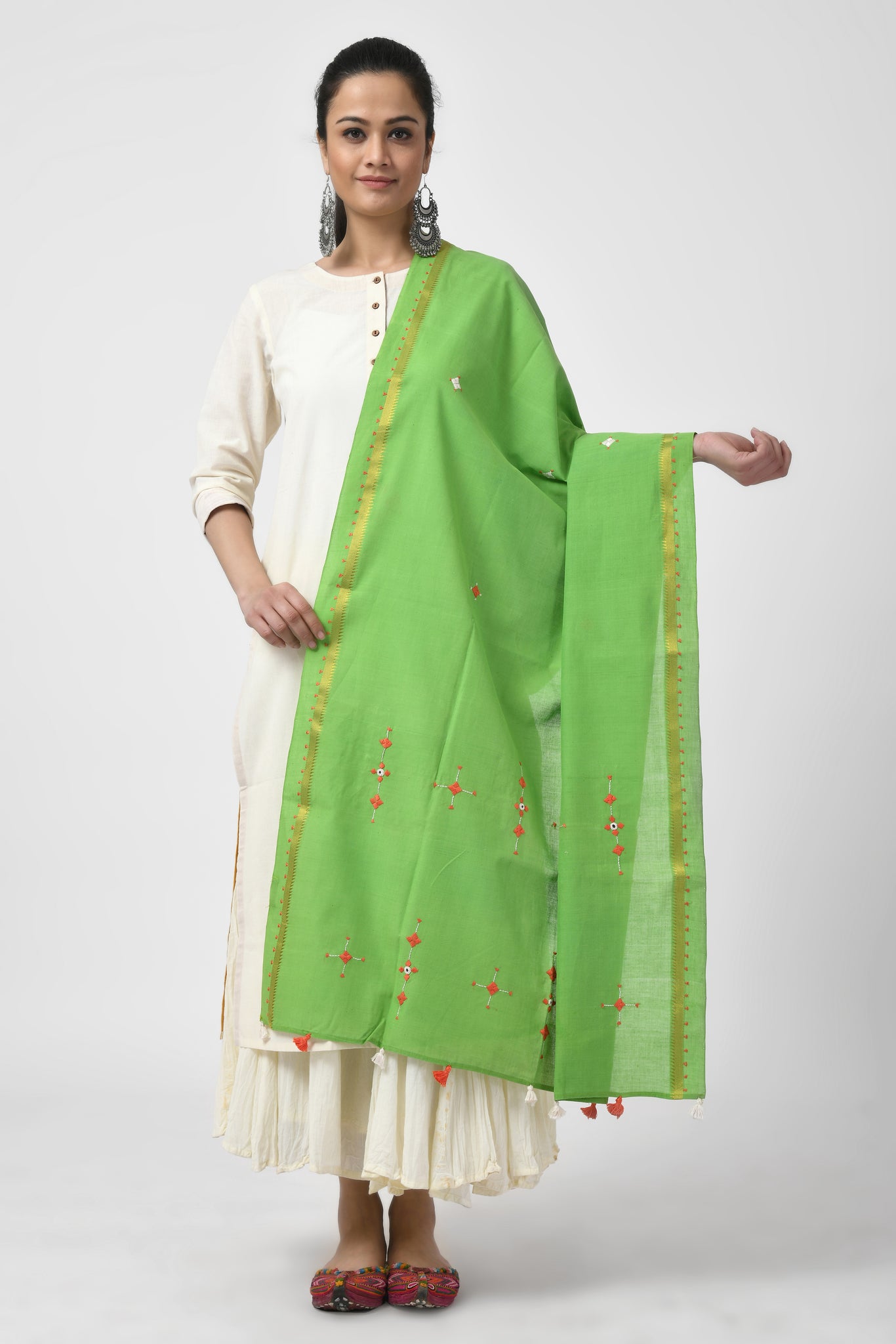 Green Hand Woven Embroidered Dupatta